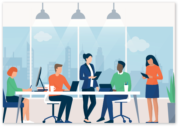 Business people working together in a coworking space, they are connecting with their computers and discussing a project, teamwork concept